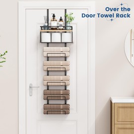 Aetyord Towel Racks for Bathroom Over The Door Towel Racks Towel Storage Organizer with Metal Shelf Basket for Bathroom Rv Camper (7-Tier Black with Wood Plank)