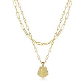 SAVORI Layered Initial Necklaces for Women, 14K Gold Plated Dainty Layering Paperclip Chain Necklace Cute Pentagon Letter Pendant Choker Necklace for Women Jewelry Gifts (L, Gold)