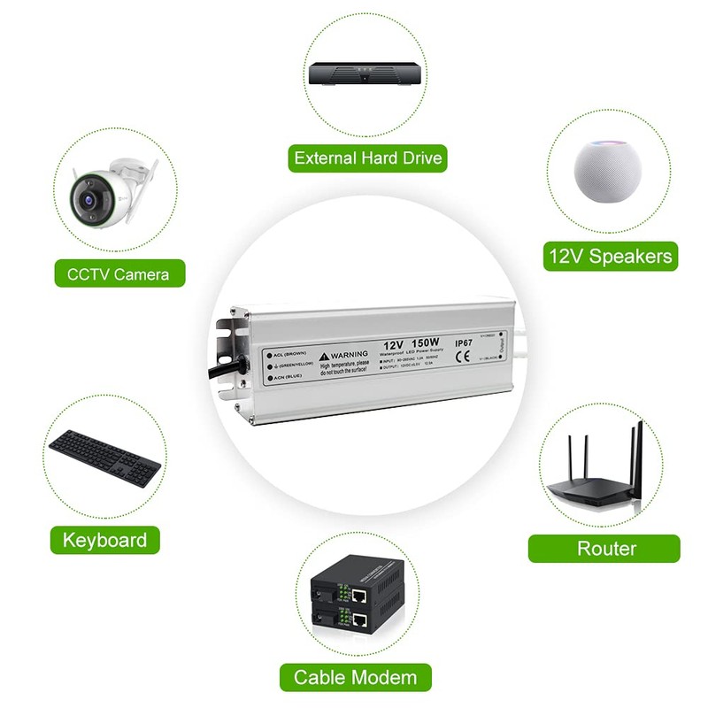 150W 12 Volt LED Power Supply, Waterproof IP67 LED Driver,