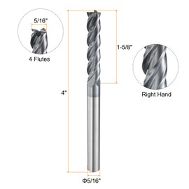 HARFINGTON Carbide Square Nose End Mill Bit 5/16" Cut Dia 4 Flutes TiAlN Coated Milling Cutter for Hardened Steel Metal (5/16" Shank 1-5/8" Cut Length 4" Long 30 Degree Helix HRC53-55)