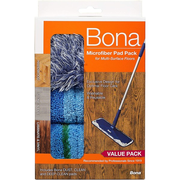 Bona Microfiber Pad 3-Pack includes Dusting, Cleaning, and Deep Cleaning Pad, for Hardwood and Hard-Surface Floors, fits Bona Family of Mops
