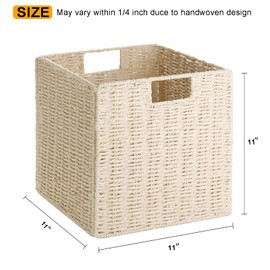 Vagusicc Wicker Storage Baskets, Set of 2 Hand-Woven Paper Rope Storage Baskets, Foldable Cube Storage Bins Organizer 11 Inch Square Wicker Storage Baskets for Shelves Pantry Organizing Decor, Beige