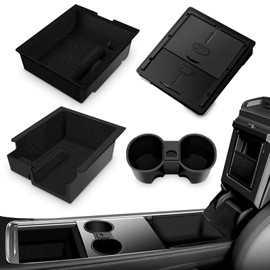 4PCS Center Console Organizer for Model Y/3 2024-2020 Abs Hidden Armrest Box Organizer Silicone Center Console Cup Holder Flocked Bottom Design Interior Accessories