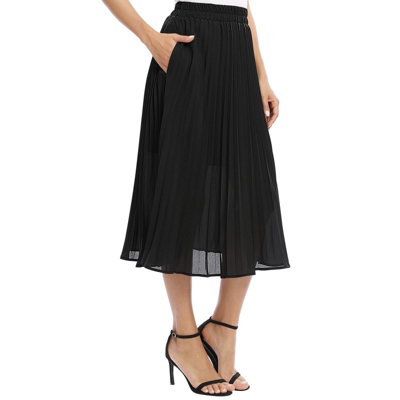 EXCHIC Women's Casual Chiffon Elastic Waist One Line Pleated Midi