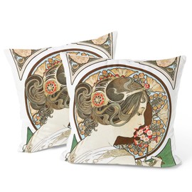 Berkin Arts Decorative Square Throw Pillow Covers Farmhouse Cushion Cases Designed of Art Decor, Polyester Blend. Pack of 2, 18x18 Inch. Flower Fairy Soft Girls for Sofa (Primrose by Alphonse Mucha)