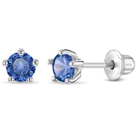 925 Sterling Silver Classic 4mm Simulated Sapphire Birthstone Prong Set Screw Back Stud Earrings for Girls - Stud Earrings with Premium Screw Backs - Navy CZ Earrings for Girls Born in September