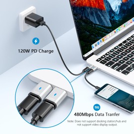 HESKUL USB C Magnetic Adapter Straight 2Pack 120W 5Pins USB2.0 USB C Magnetic Connector 480Mbps Data Transfer for USB C Laptops, Tablets, Phones, Silver