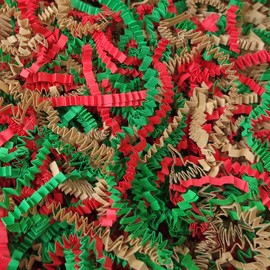 BOXHOME Shred Paper Filler (1LB) Crinkle Cut Paper for Wrapping & Filling Gift Basket Gift Boxes, Red, Kraft and Green-Christmas Mix
