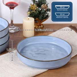 LIANYU Pasta Bowls Set of 4, 8.25’’ Wide Shallow Salad Serving Plate, Stoneware Ceramic Dinner Bowl Plates for Home Kitchen, Microwave & Dishwasher Safe, Serenity Blue