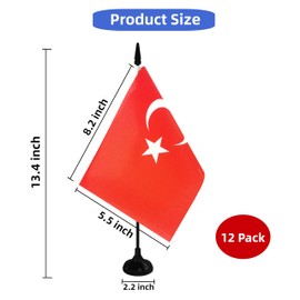 Rotenl Turkey Desk Flag, 12 Pack Turkish Table Office Flag with Black Solid Pole and Stand Base, International Country Flag, Festival Celebration, Classroom Meeting Desktop Decor (Turkey)