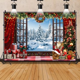 7x5FT Christmas Window Backdrop for Photography Winter Merry Xmas Tree Background Snow Red Plaid Check Holiday Photobooth Portrait Party Banner Festival Photo Studio Props Supplies