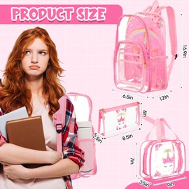 3 Pcs Clear Backpacks for Girls Boys, Heavy Duty 17 Inch Clear Bookbag Transparent Backpack Set with Lunch Bag, Pencil Bag(Pink,Rainbow Unicorn)
