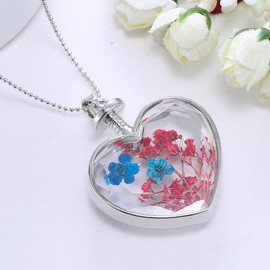 Feilok Classic Heart-Shaped Blue and Red Dried Flowers Transparent Crystal Women Chain Long Pendant Necklace…