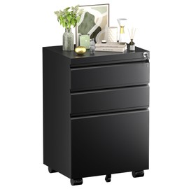 Oakcloud 3 Drawer Moveable File Cabinet for Home Office, Mobile Filing Cabinet with Wheels, Roller Metal Vertical File Storage Cabinet for A4/F4/Letter/Legal Size, Easy Assemble (Mobile-Black)