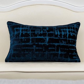 Alerfa 12 x 20 Inch Rectangle Geometrical Plaid Striped Embroidery Cut Velvet Cushion Case Luxury Modern Lumbar Throw Pillow Cover Decorative Pillow for Couch Sofa Living Room Bedroom Car, Navy Blue