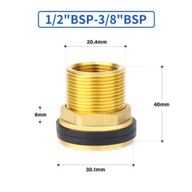 ERGAOBOY 2Pcs Brass Bulkhead Water Tank Connector, 1/2" BSP Male - 3/8" BSP Female Theaded Fitting with 2 Rubber Rings for Rain Barrels, Aquariums, Tubs