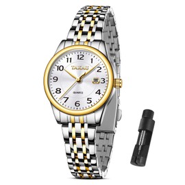 Taxau Watches for Women Arabic Numerals Small Dial Easy Read Women's Watches Simple Style Date Stainless Steel Waterproof Watches for Women Reloj para Mujer, Gold Silver Band White Face 8863g, Classic