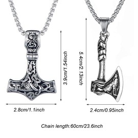 Weenkeey 2 Pcs Thors Hammer Necklace Axe Necklace Norse Viking Amulet Pendant Necklace Gothic Punk Rock Hip Hop Pendant Necklace for Men - Silver