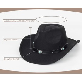 Classic Felt Wide Brim Western Cowboy & Cowgirl Hat with Buckle for Women and Men(Size:M) (US, Alpha, Medium, Large, Black with Turquoise)