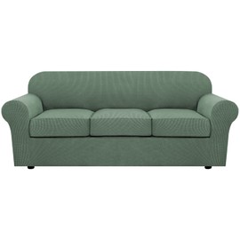 H.VERSAILTEX 4 Piece Stretch Sofa Covers for 3 Cushion Couch Covers for Living Room Furniture Slipcovers (Base Cover Plus 3 Seat Cushion Covers) Upgraded Thicker Jacquard Fabric (Sofa, Loden Frost)