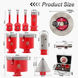 Diamond Core Drill Bit Set - FOCSTOL 11pcs Diamond Hole Saw Kit for Porcelain Tile Ceramic Marble Granite (6/6/8/20/35/50/65mm+20mm Finger Milling Bit+50mm Beveling Chamfer Bit+Hex+115mm Saw Blade)