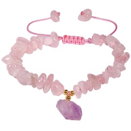 Jewever Chip Reiki Raw Amethyst Rose Quartz Crystal Bracelet for Women Chakra Tumbled Healing Crystals and Gemstones Yoga Meditation Stone Bracelets Adjustable (Rose Quartz)