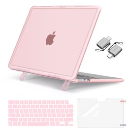MOSISO Compatible with MacBook Air 13 inch Case 2024 2023 2022 M3 A3113 M2 A2681,Heavy Duty Shockproof Hard Case with Fold Kickstand&Keyboard Skin&Screen Film&Type C for MacBook Air 13.6, Pink