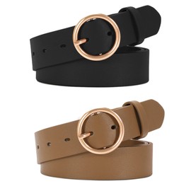 JASGOOD 2 Pack Women Leather Belt for Jeans Dress PU Leather Ladies Belt with Gold O Ring Buckle (A-Black+Brown, Suit for waist size 24"-28")