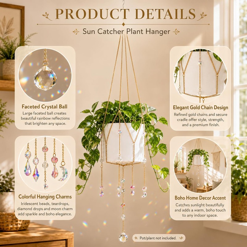 Sun Catcher Plant Hanger with Beads, Glass Crystal Ball Decor