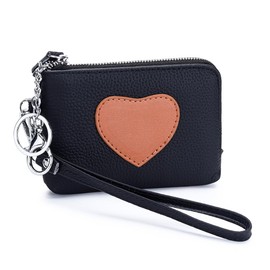 Yocipa Women's Coin Purse, Heart Pattern, Coin Case, Small Genuine Leather, Card Slot, Mini Wallet, Compact, Handheld, Keyring, Wrist Strap, Black