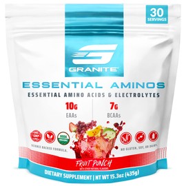 Granite Essential Amino Acids Powder for Muscle Recovery and Growth with 10g EAAs and 7g BCAAs - Soy-Free, Gluten-Free, 448g (30 Servings), Fruit Punch Flavor