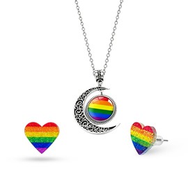 QCWN Pride Jewelry Set for Women Rainbow Heart Earrings and 925 Sterling Silver Pendant Necklace LGBTQ Lesbian Accessories Cute Y2K Gay Gifts