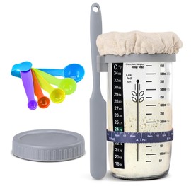 Mee 2ou Sourdough Starter Jar 24oz, Sourdough Starter Kit with Date Marked Feeding Band, Thermometer, Fermentation Jar Scraper, Cloth Cover & Plastic Lid, Reusable Sourdough Bread Baking Supplies