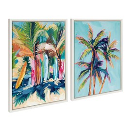 Kate and Laurel Sylvie Surf and Sand and Tropical Palms Study Framed Canvas Wall Art Set by Rachel Christopoulos, 2 Piece 18x24 White, Coastal Beach Palm Tree Art for Wall