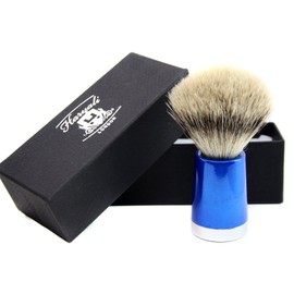 Haryali London Pure Silver Tip Badger Shaving Brush with Shiny Blue Handle and Stainless Steel Brush Stand - Perfect Shaving Set