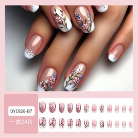 French Tip Press on Nails Short Square Flower Fake Nails with Designs White Pink Spring False Nails Floral Acrylic Nails Cute Glue on Nails Flowers Full Cover Stick on Nails for Women Supplies 24Pcs