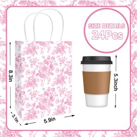 JarThenaAMCS 24Pcs Pink Floral Paper Bags Vintage Flower Treat Bags with Handles Chinoiserie Candy Goodie Bags Grocery Shopping Bags for Birthday Wedding Party Favors Supplies