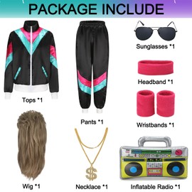 FOVER 80s Outfit Men's 80s 90s Accessories Women's Costume Tracksuit Pop Art Retro Style with Wig Inflatable Radio Sweatband for Theme Party Fancy Dress Black 027L