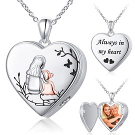 DAOCHONG Always in My Heart Urn Necklaces for Ashes S925 Sterling Silver Love Heart Mother and Daughter Keepsake Hold Pictures Photo Memorial Locket Cremation Urn Pendant Necklace Gift for Women