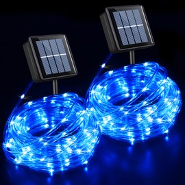 QITONG Blue Solar Christmas Lights Outdoor Waterproof, 2 Pack Each 33ft 100LED Rope Light, Fairy Lights in Clear Thin Tube with 8 Modes
