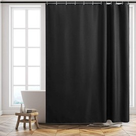 Furlinic Extra Long Shower Curtains for Bathroom Waterproof Mould Resistant Weighted Polyester Fabric 71x84 Inch Black Set with 12 ADS Hooks.