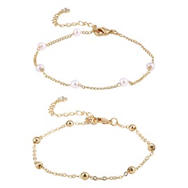 Mikovivi 2pcs Gold Chain Bracelet Set, Stackable Pearl Bracelets for Women Adjustable Fashionable Beaded Chain Dainty Gold Jewelry for Weddings Birthdays Anniversary Jewelry Gift
