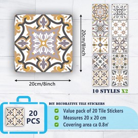 Tile Stickers Wall Decor Bathroom Kitchen Wall Sticker Waterproof PVC Decoration Stickers - 2D Sticker with Retro Design in Mosaic Style (Style-5, 8 x 8 Inch)