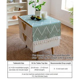 TheoZemica Bedside Tablecloth for Nightstand Tassel Table Covers Scarf End Tables Cloth Rectangle Dust Cover Bed Side Table TV Microwave Washing Machine Refrigerator, 15.7×35.4 Inch Woven Cyan