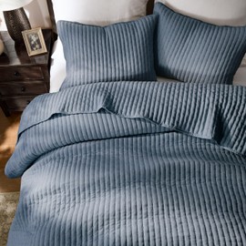 WDCOZY Blue Cross Stitch King Size Quilt Set, Striped Lightweight Soft Bedspread, Channel Farmhouse Rustic Coverlet, All Season Country Bedding, Thin Comforter