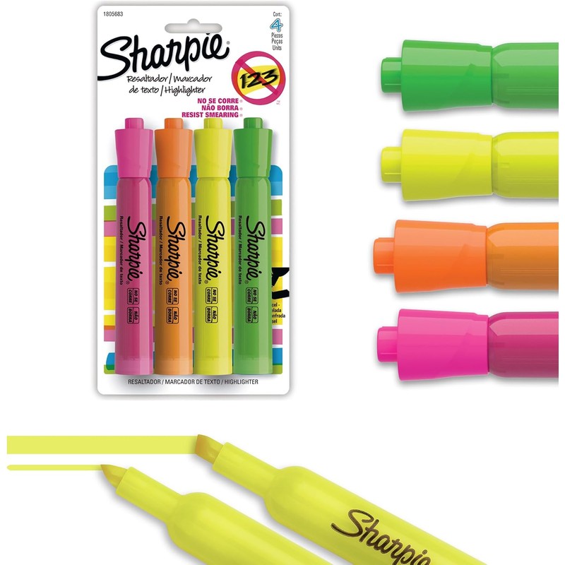 Sharpie® Tank Resaltador/Marcador de Texto, Punta Cincel/Biselada, Surtidos, 4 Piezas,