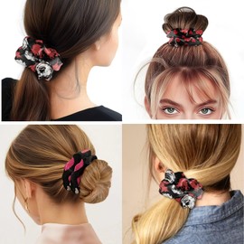 GLENLCWE Red Rose Flower Scrunchies 3 Packs for Women and Girls No Damage Elastic Ponytail Holders Scrunchies Hair Accessories, Valentines Day