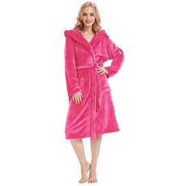 HOLOVE Women Hooded Fleece Robes Warm Plush Terry Cloth Bathrobe Spa Nightwear(Fuscia, S/M)