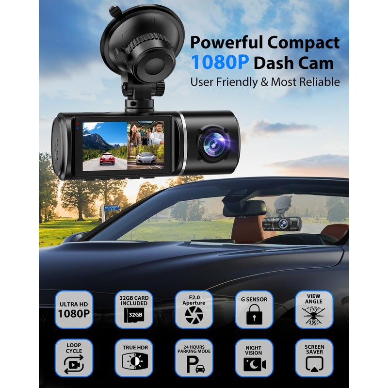 Dash Cam Front and Rear, 1080P Dash Camera for Cars,