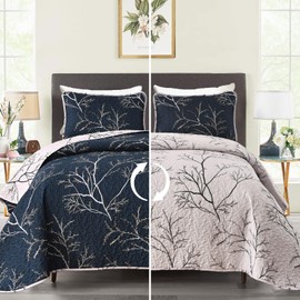 DJY 3 Piece Navy Floral Quilt Set Full/Queen Size Botanical Bedspread Coverlet Set, Reversible Navy White Branch Leaves Pattern Soft Microfiber Reversible Summer Bedding Set